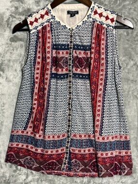 Lucky Brand Boho Blouse Women Medium Sleeveless Embroidered Peasant Top Red Blue